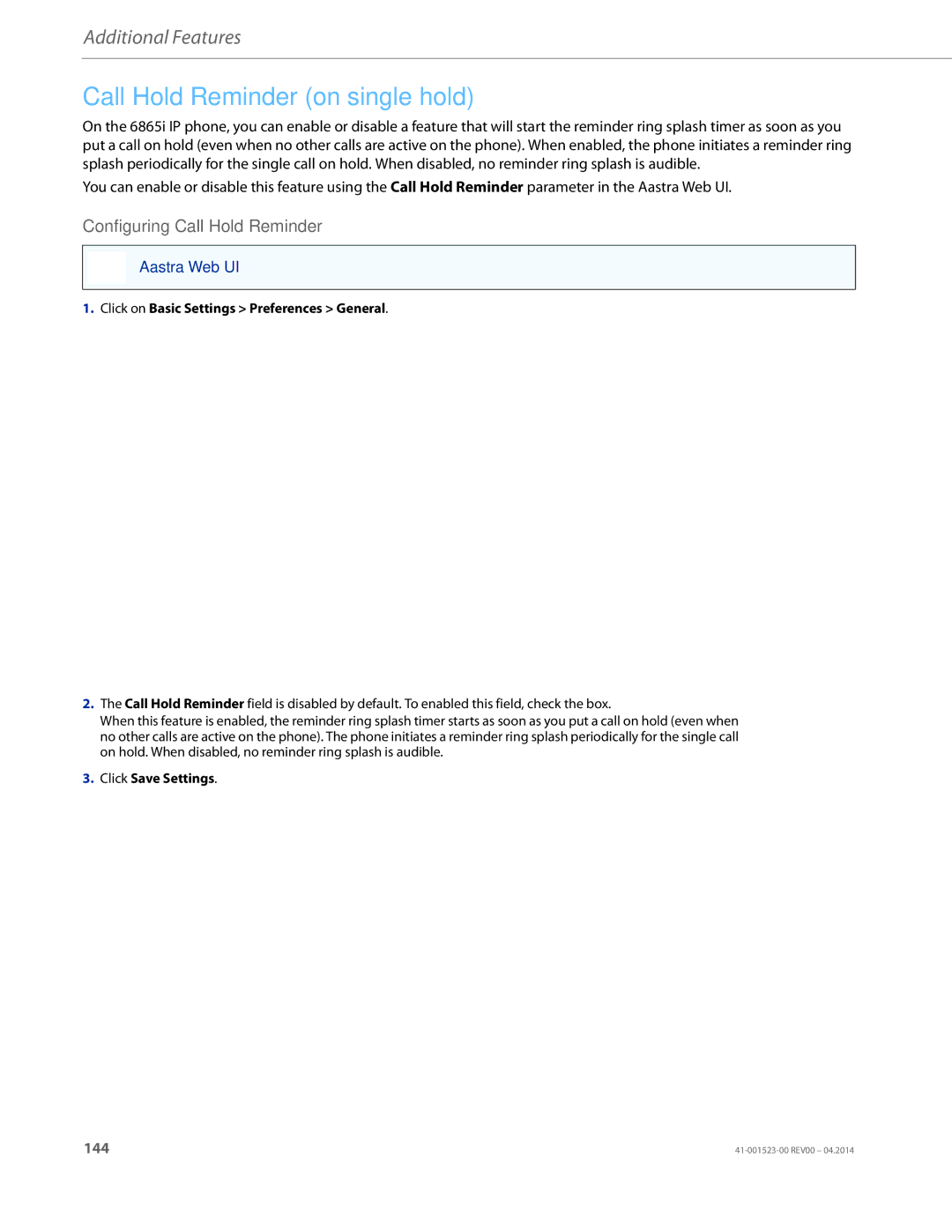 Aastra Telecom 6865i manual Call Hold Reminder on single hold, Configuring Call Hold Reminder 