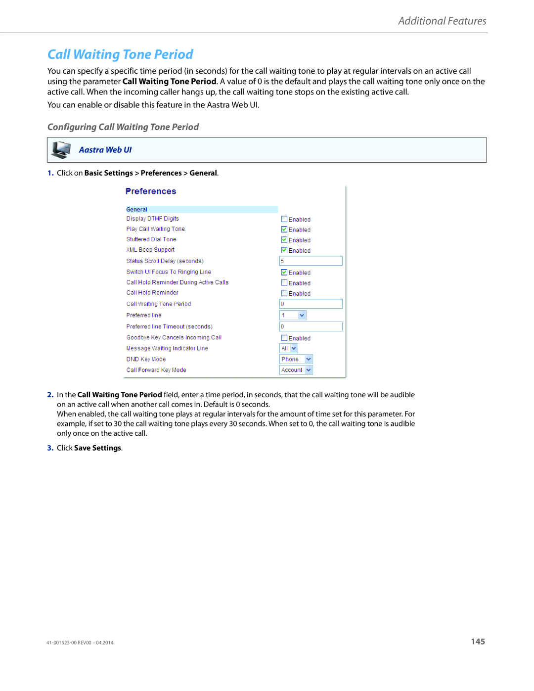 Aastra Telecom 6865i manual Configuring Call Waiting Tone Period 