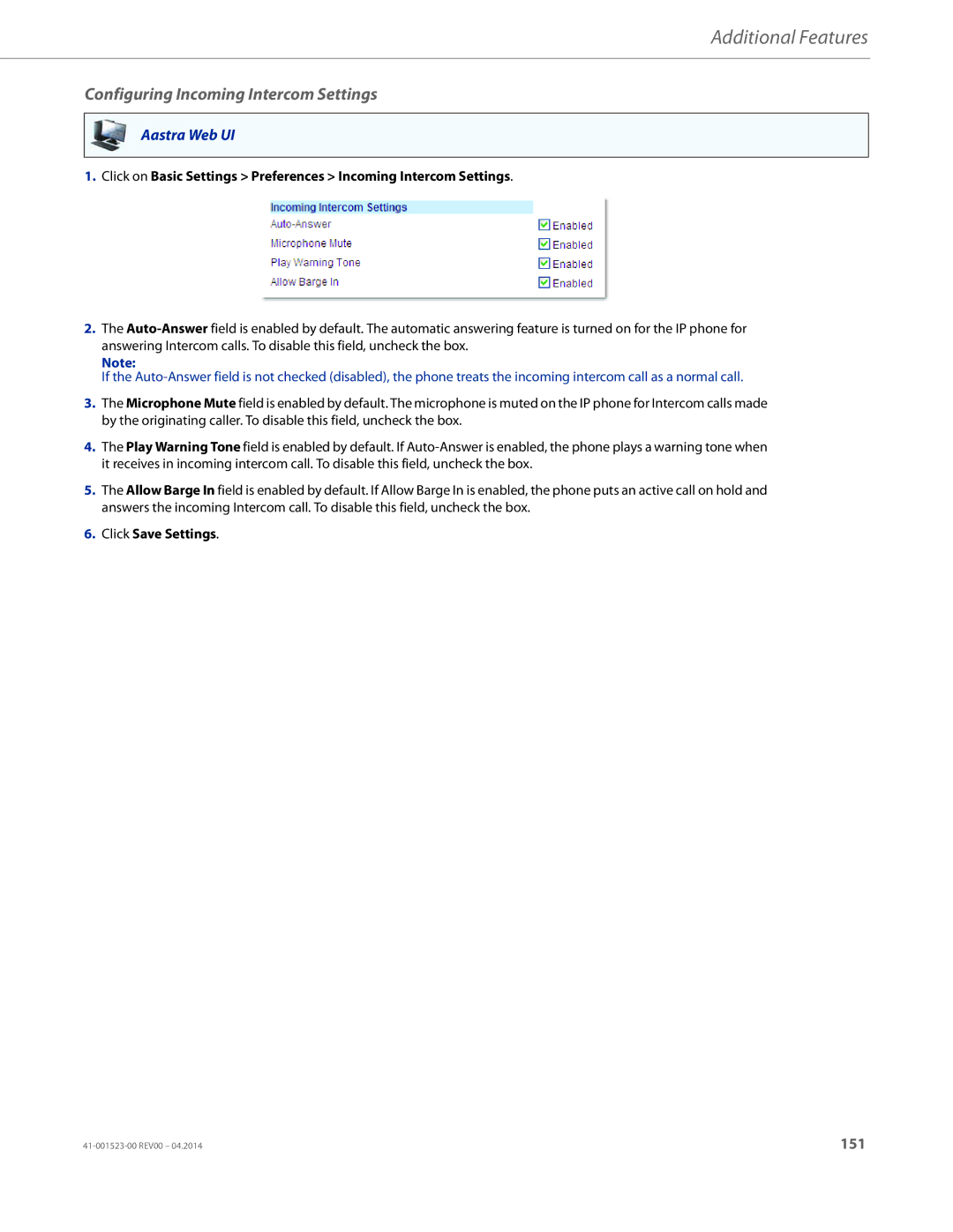 Aastra Telecom 6865i manual Configuring Incoming Intercom Settings 