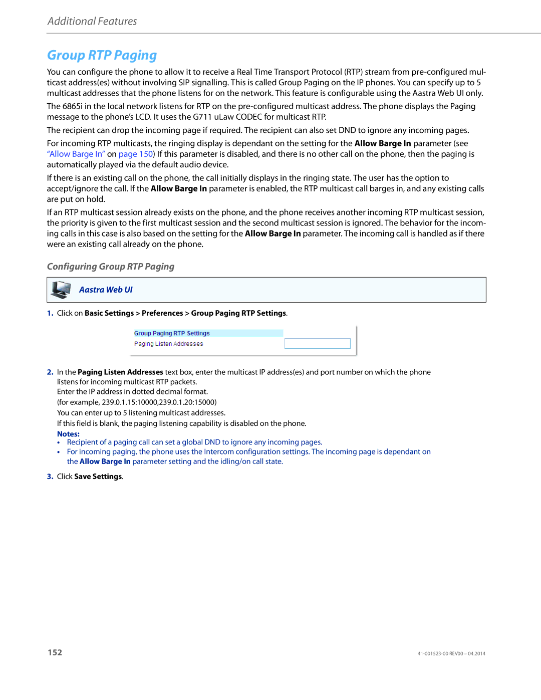 Aastra Telecom 6865i manual Configuring Group RTP Paging 