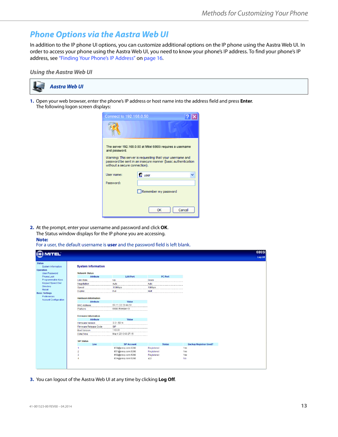 Aastra Telecom 6865i manual Phone Options via the Aastra Web UI, Using the Aastra Web UI 