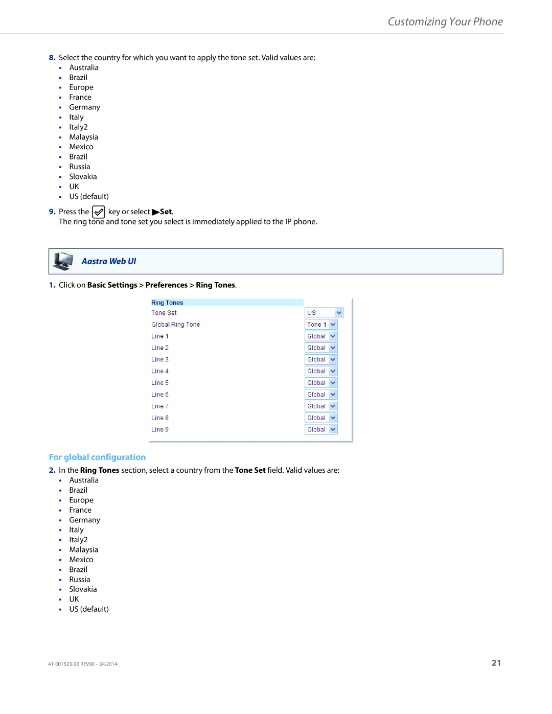 Aastra Telecom 6865i manual For global configuration, Click on Basic Settings Preferences Ring Tones 