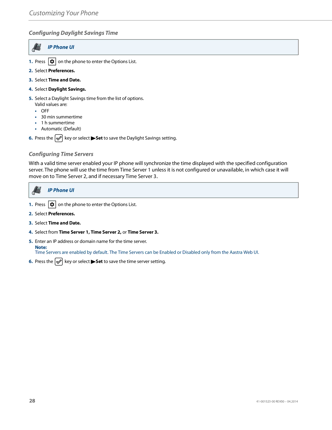 Aastra Telecom 6865i manual Configuring Daylight Savings Time, Configuring Time Servers 