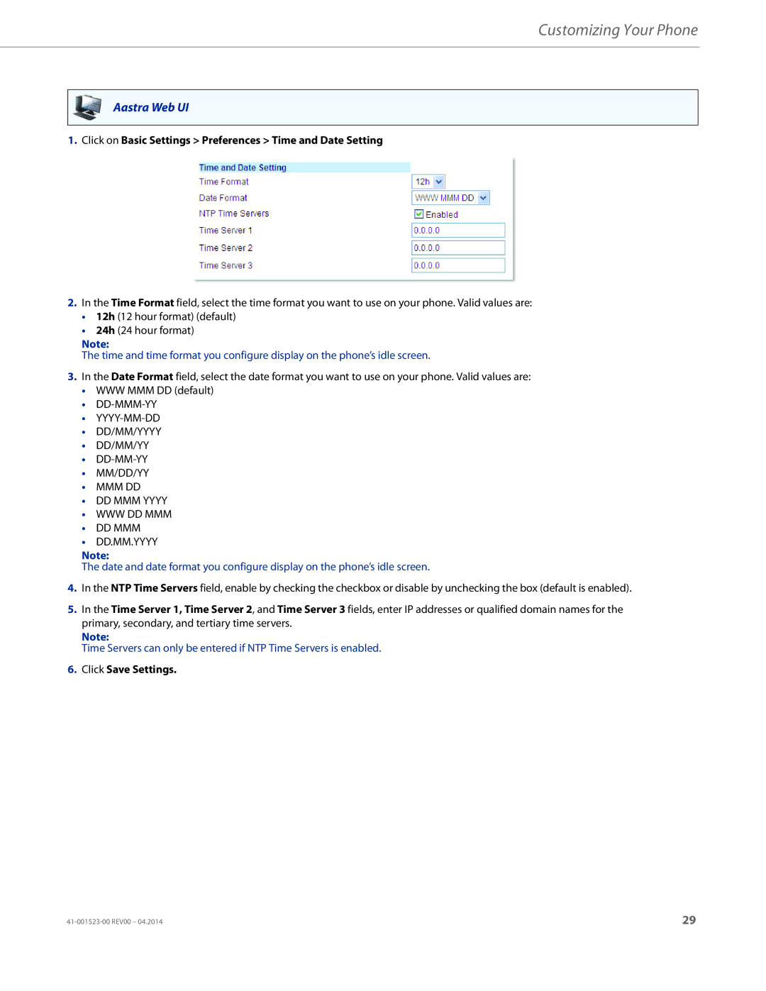 Aastra Telecom 6865i manual Click on Basic Settings Preferences Time and Date Setting, Click Save Settings 