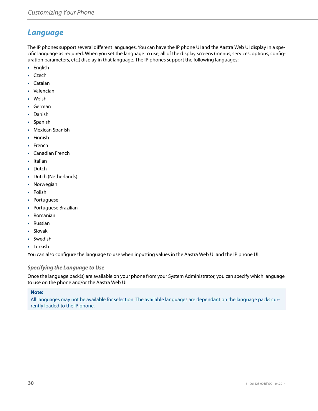 Aastra Telecom 6865i manual Specifying the Language to Use 