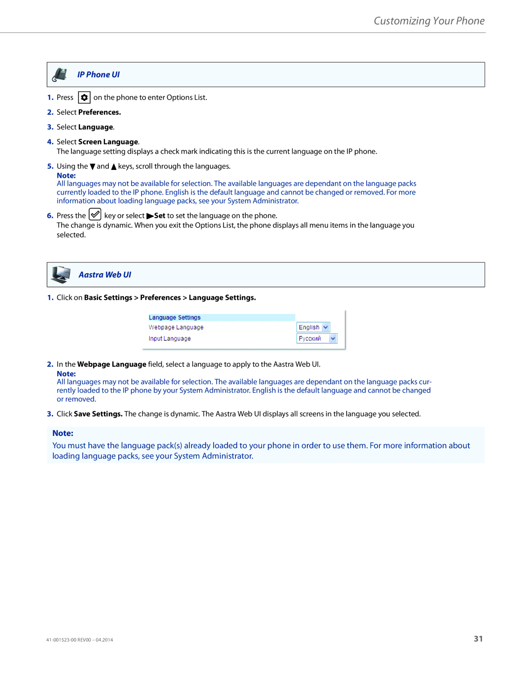 Aastra Telecom 6865i manual Select Screen Language, Click on Basic Settings Preferences Language Settings 