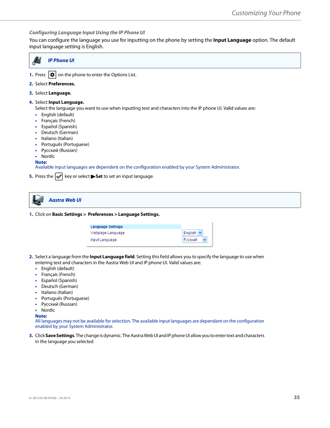 Aastra Telecom 6865i manual Configuring Language Input Using the IP Phone UI 