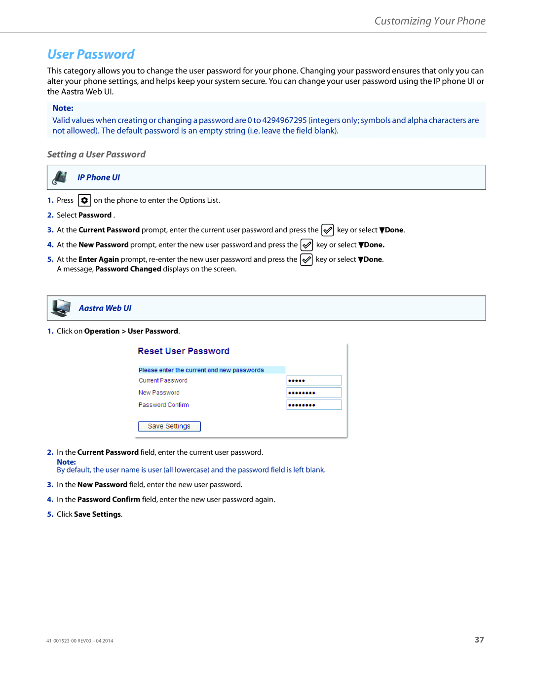 Aastra Telecom 6865i manual Setting a User Password, Select Password, Click on Operation User Password 