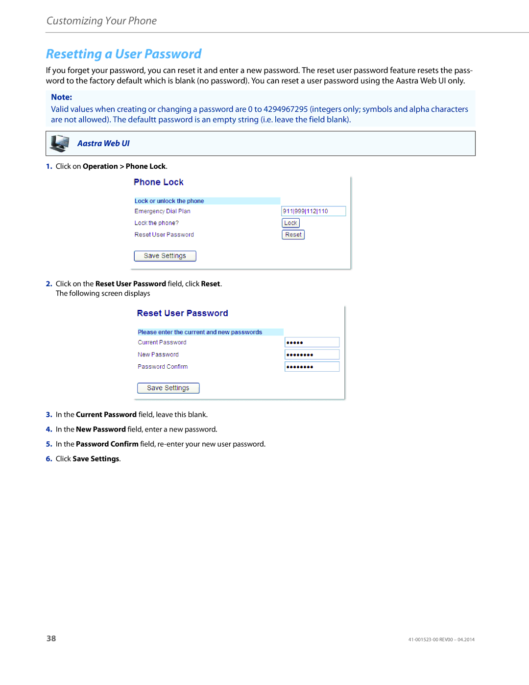 Aastra Telecom 6865i manual Resetting a User Password, Click on Operation Phone Lock 