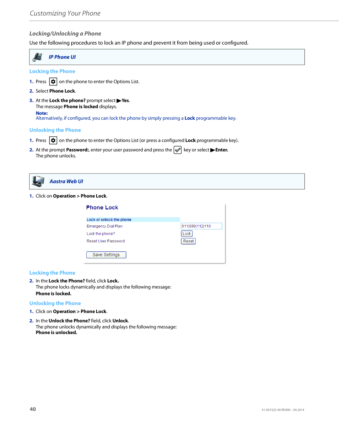 Aastra Telecom 6865i Locking/Unlocking a Phone, Select Phone Lock, Lock the Phone? field, click Lock, Phone is locked 