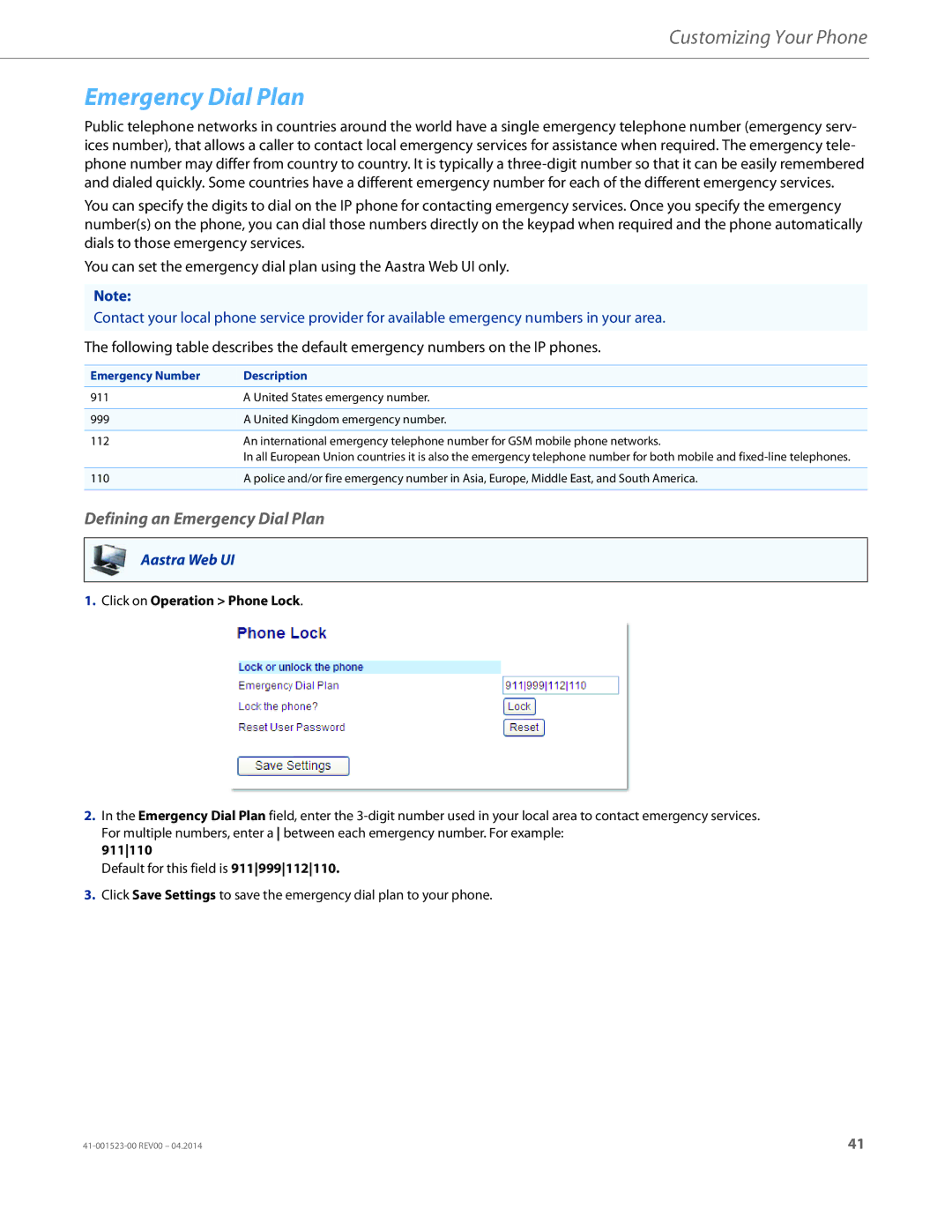 Aastra Telecom 6865i manual Defining an Emergency Dial Plan, 911110, Emergency Number Description 