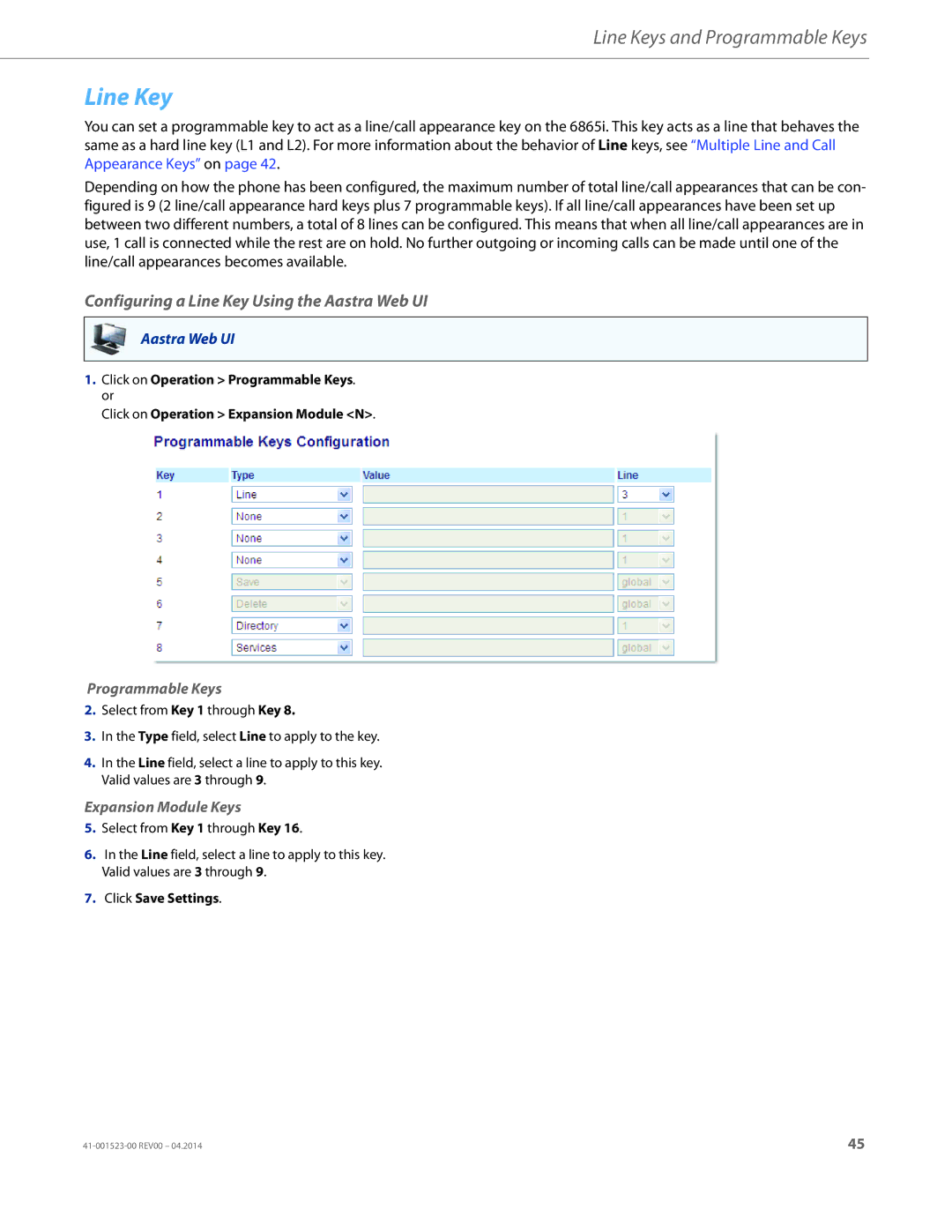 Aastra Telecom 6865i manual Configuring a Line Key Using the Aastra Web UI, Programmable Keys, Expansion Module Keys 