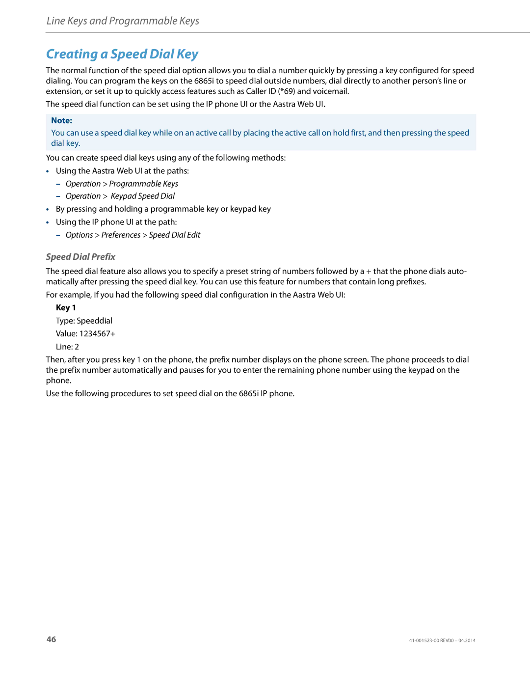 Aastra Telecom 6865i manual Creating a Speed Dial Key, Speed Dial Prefix 