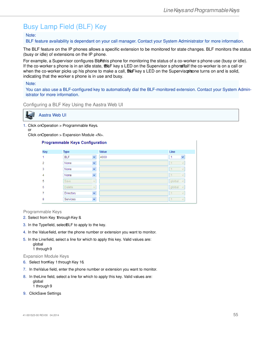 Aastra Telecom 6865i manual Busy Lamp Field BLF Key, Configuring a BLF Key Using the Aastra Web UI 