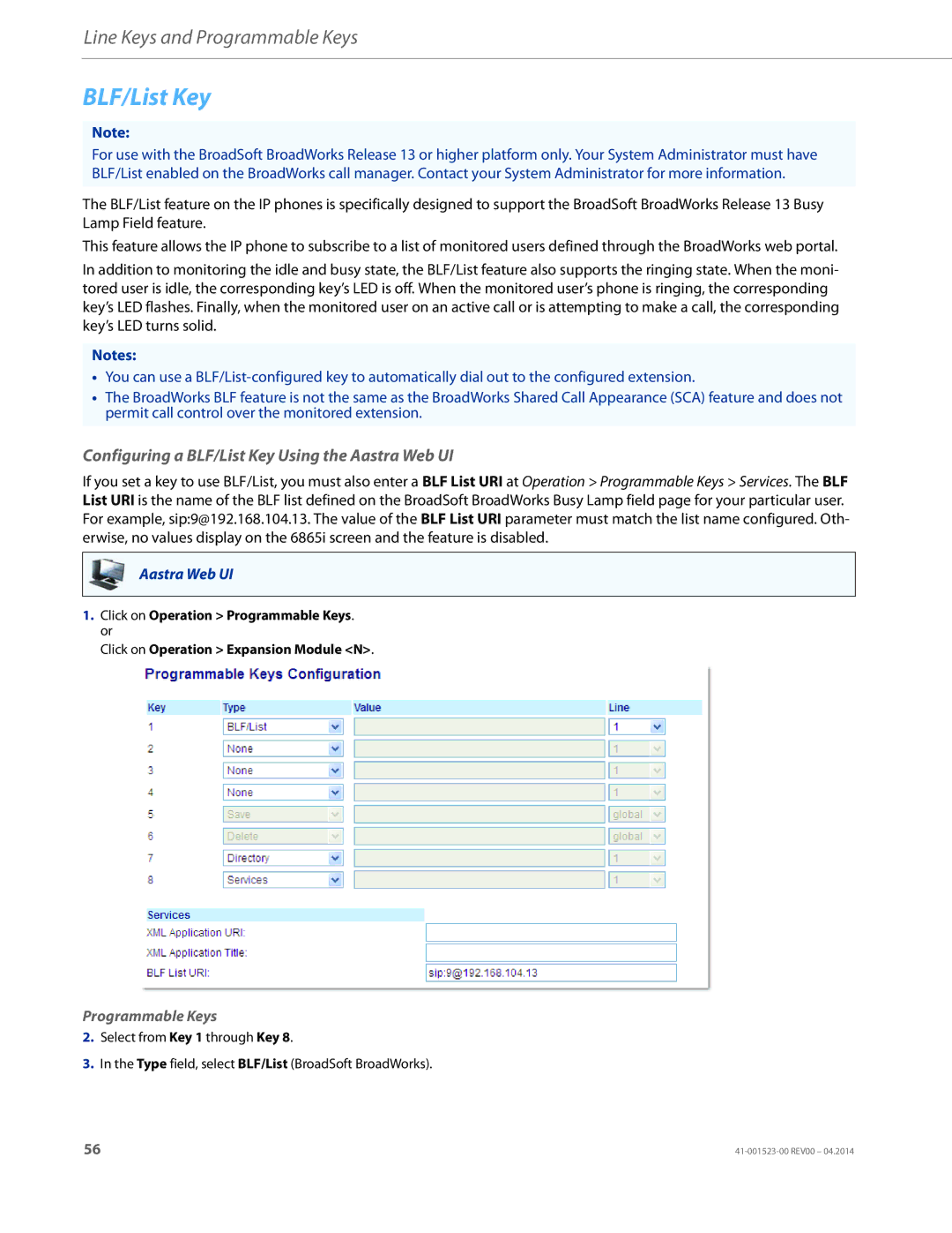 Aastra Telecom 6865i manual Configuring a BLF/List Key Using the Aastra Web UI 