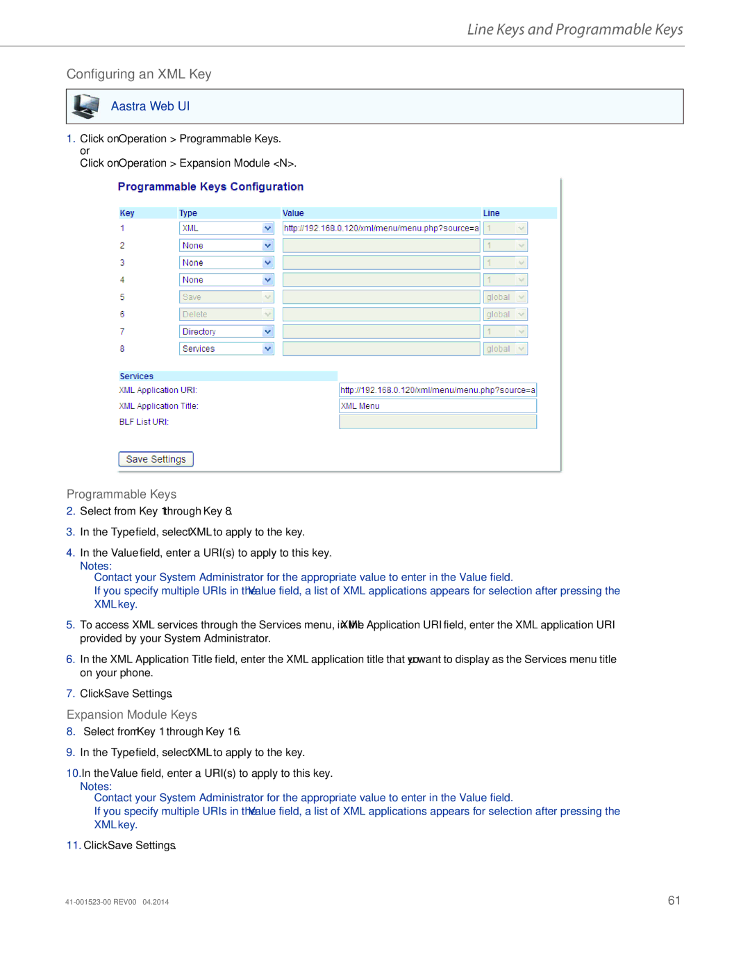 Aastra Telecom 6865i manual Configuring an XML Key, Programmable Keys 