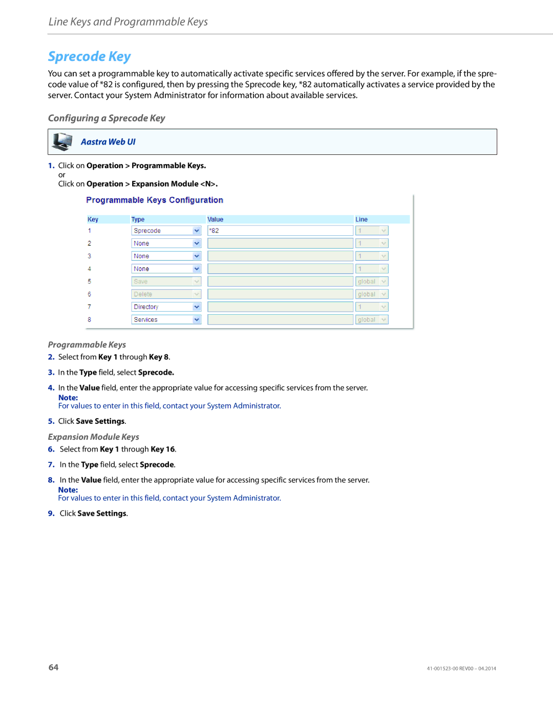 Aastra Telecom 6865i manual Configuring a Sprecode Key 