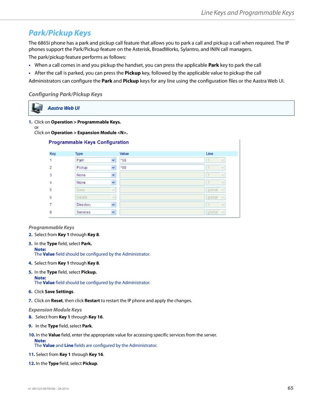 Aastra Telecom 6865i manual Configuring Park/Pickup Keys 