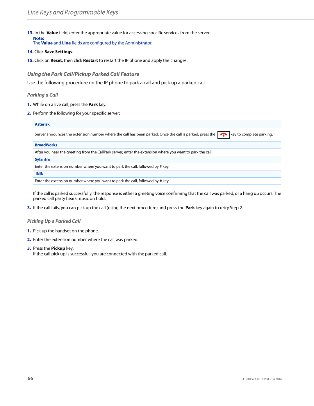 Aastra Telecom 6865i manual Using the Park Call/Pickup Parked Call Feature, Parking a Call, Picking Up a Parked Call 