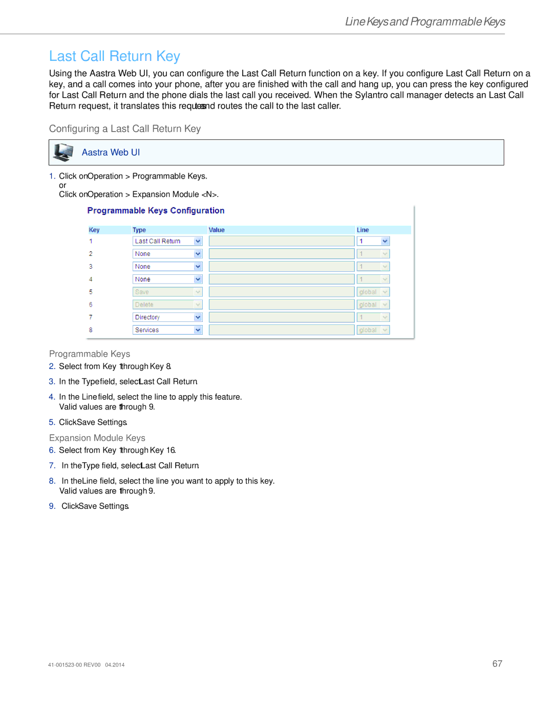 Aastra Telecom 6865i manual Configuring a Last Call Return Key 