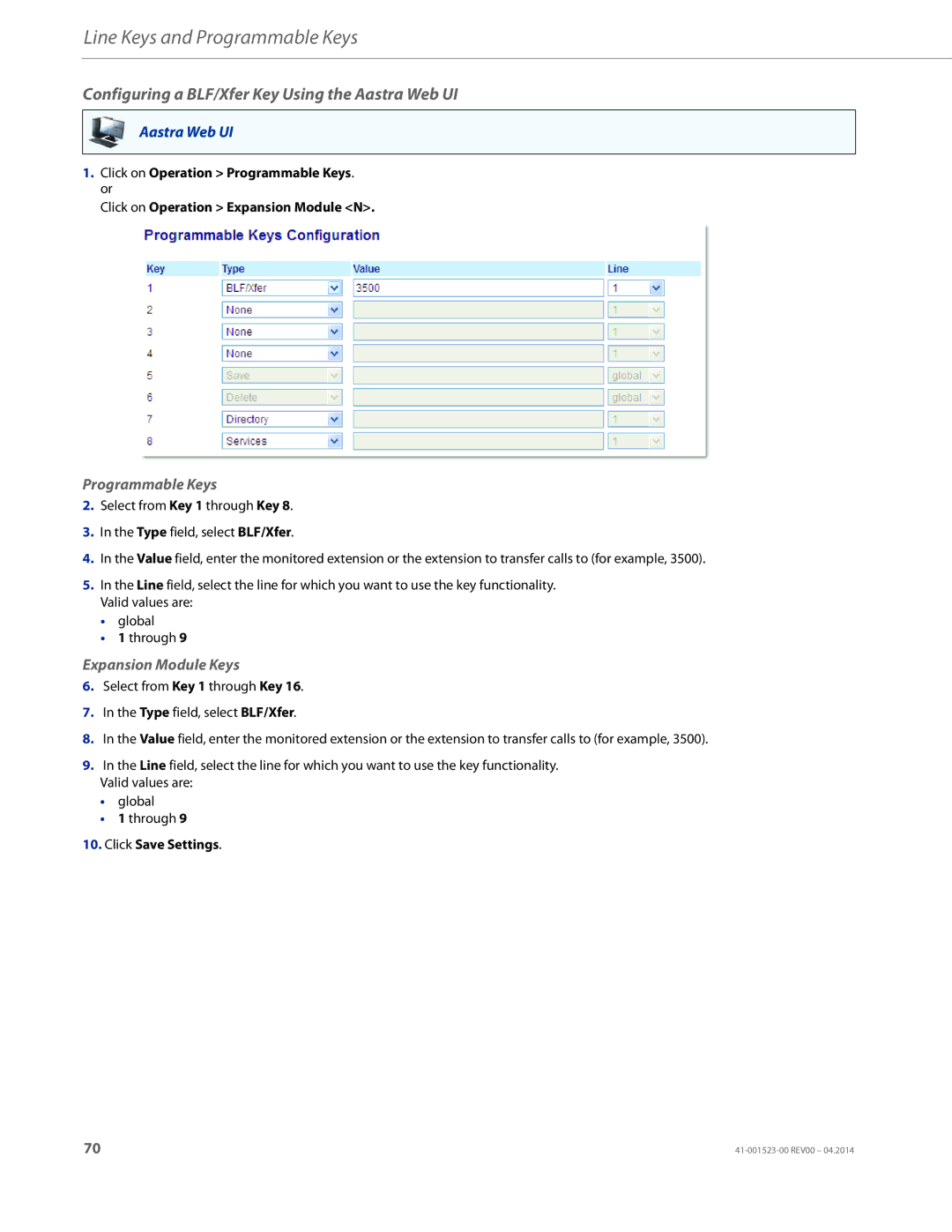 Aastra Telecom 6865i manual Configuring a BLF/Xfer Key Using the Aastra Web UI 