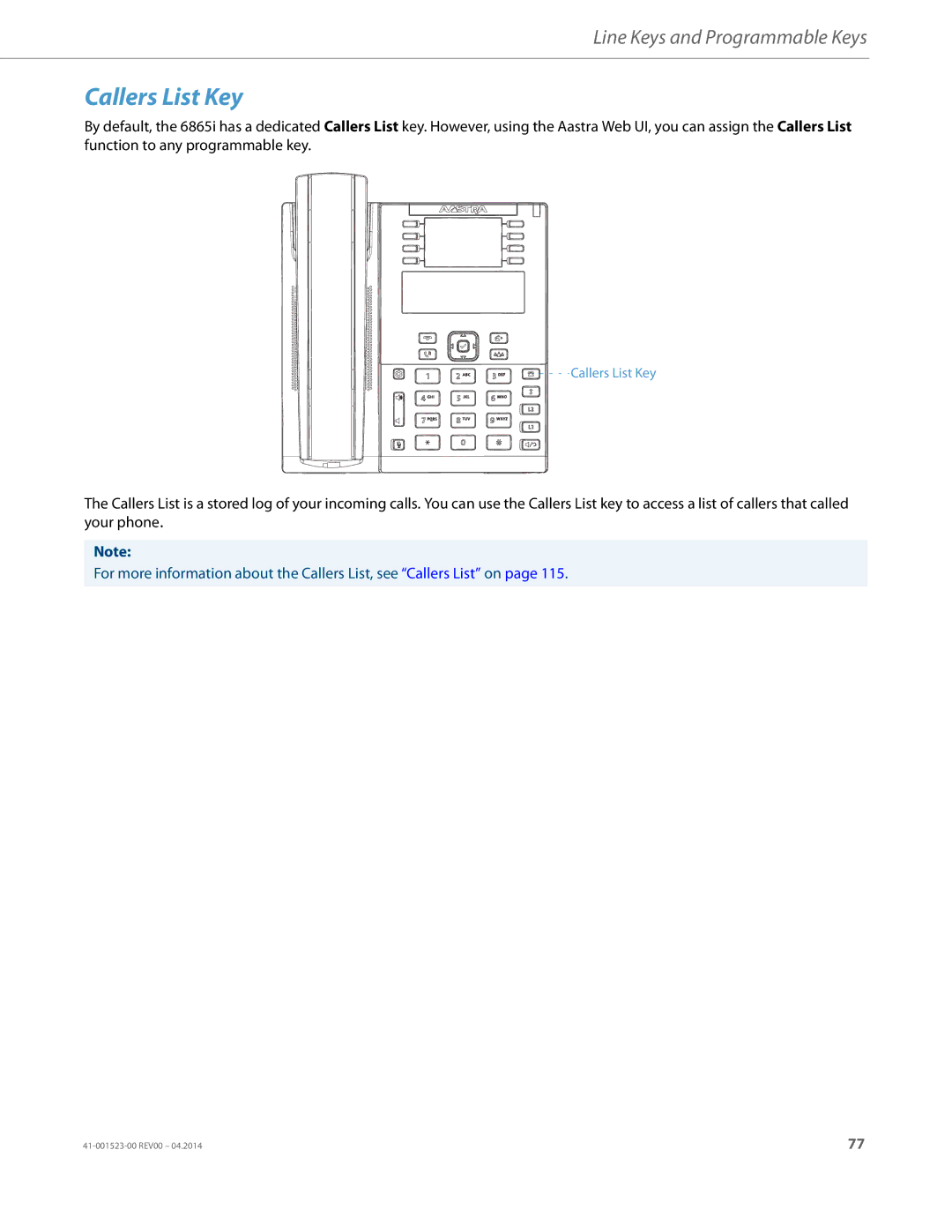 Aastra Telecom 6865i manual Callers List Key 