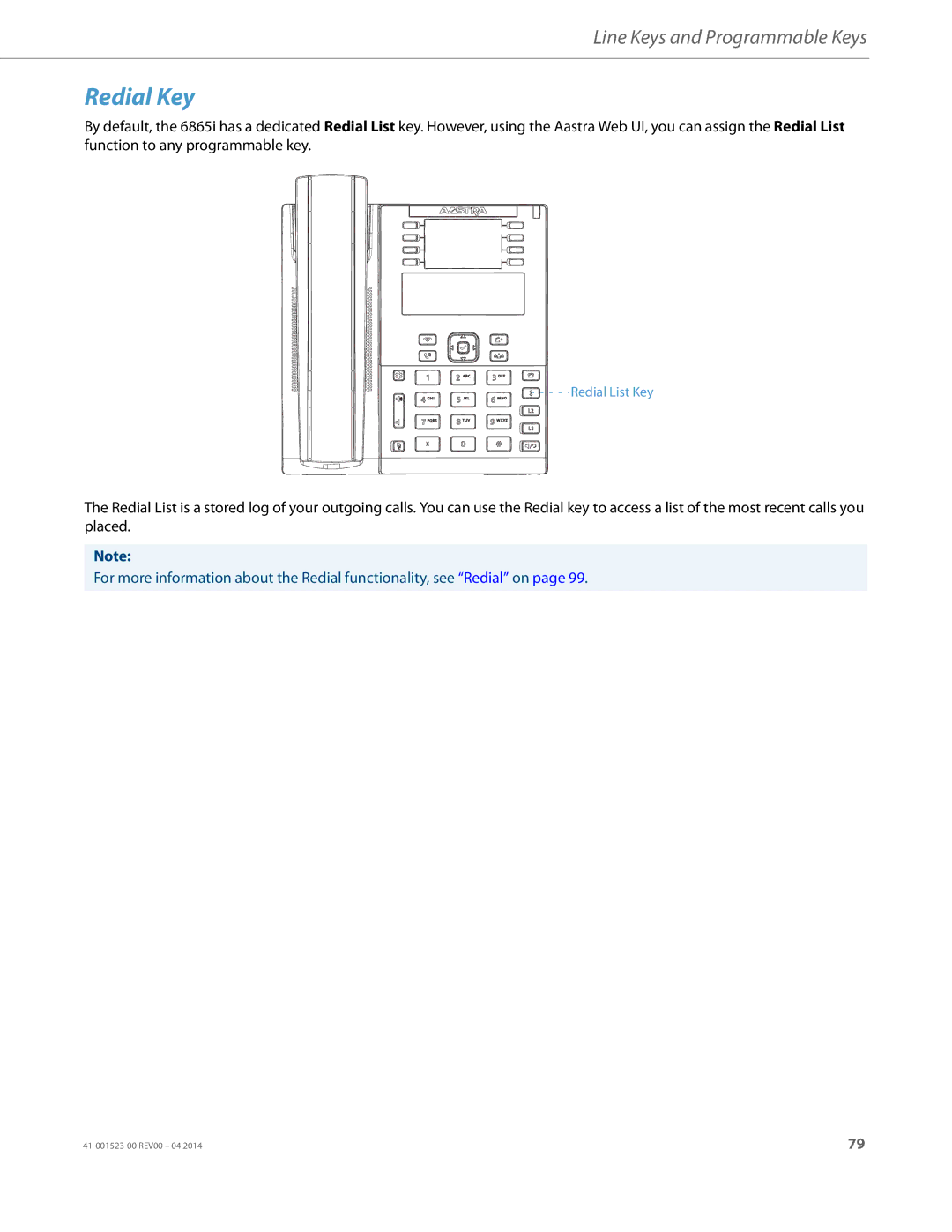 Aastra Telecom 6865i manual Redial Key 