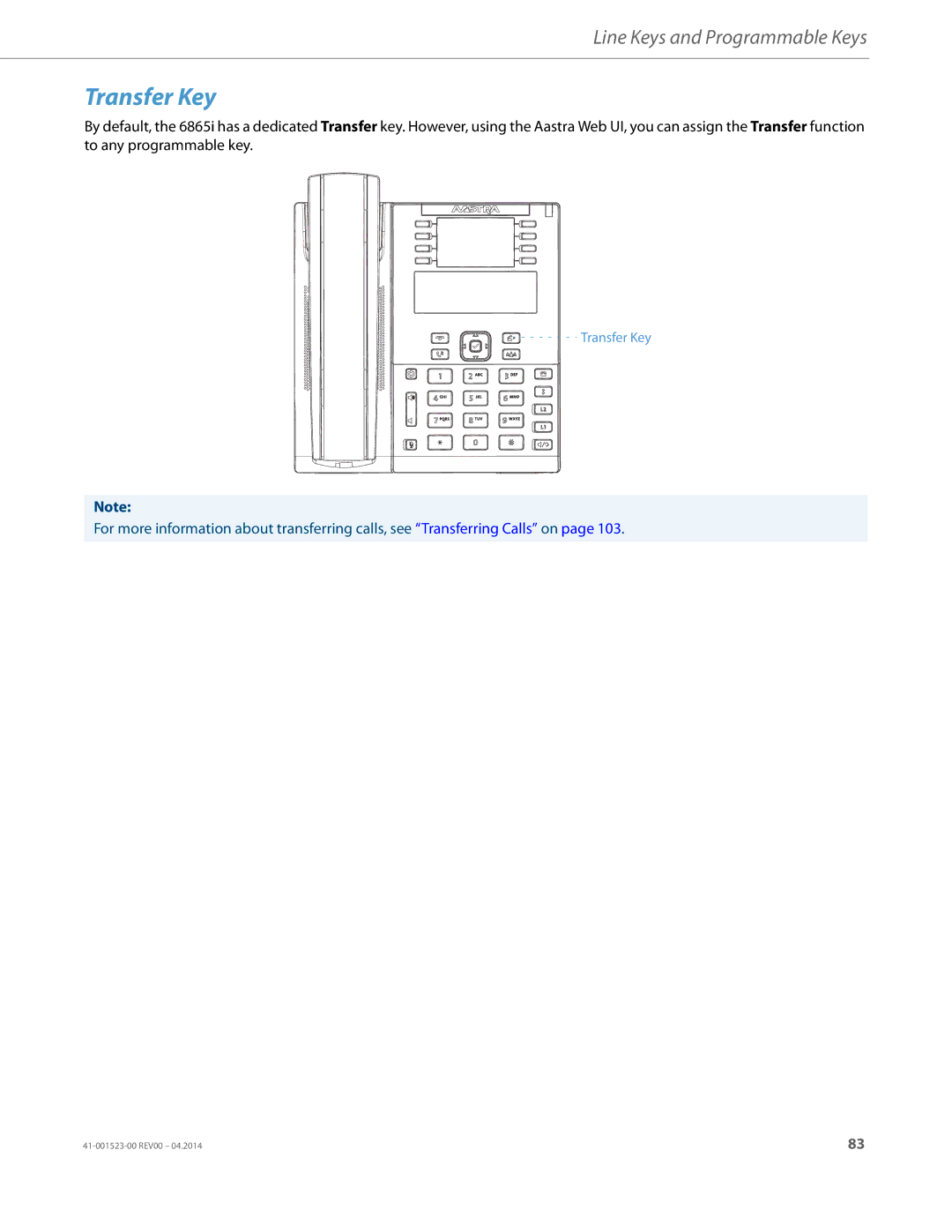 Aastra Telecom 6865i manual Transfer Key 