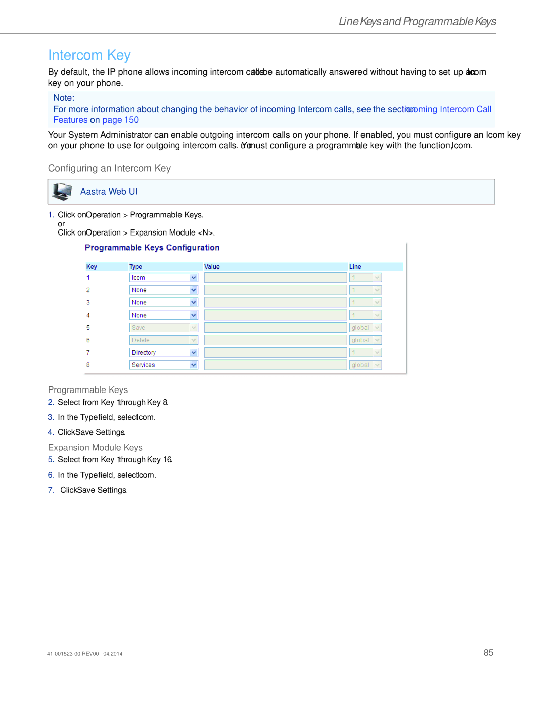 Aastra Telecom 6865i manual Configuring an Intercom Key 