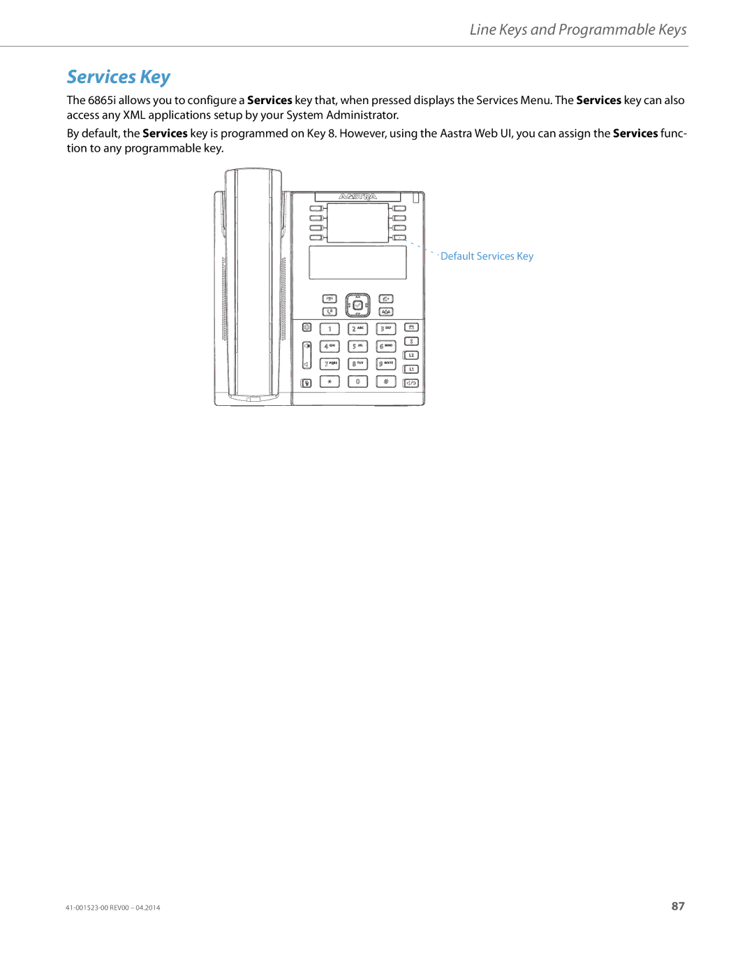 Aastra Telecom 6865i manual Services Key 