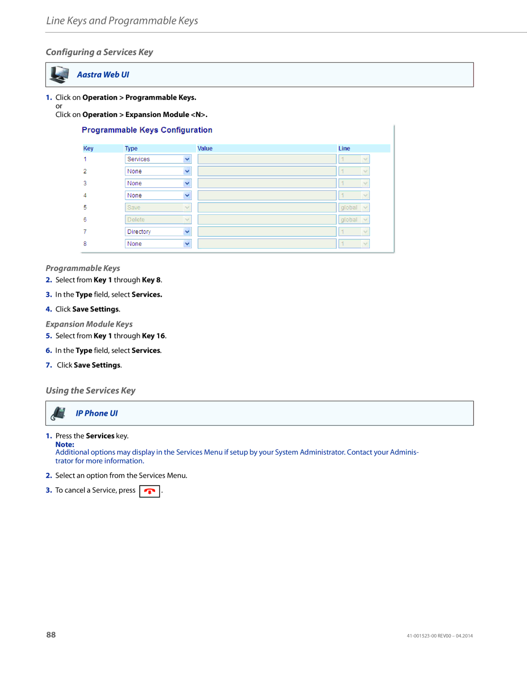 Aastra Telecom 6865i manual Configuring a Services Key, Using the Services Key 