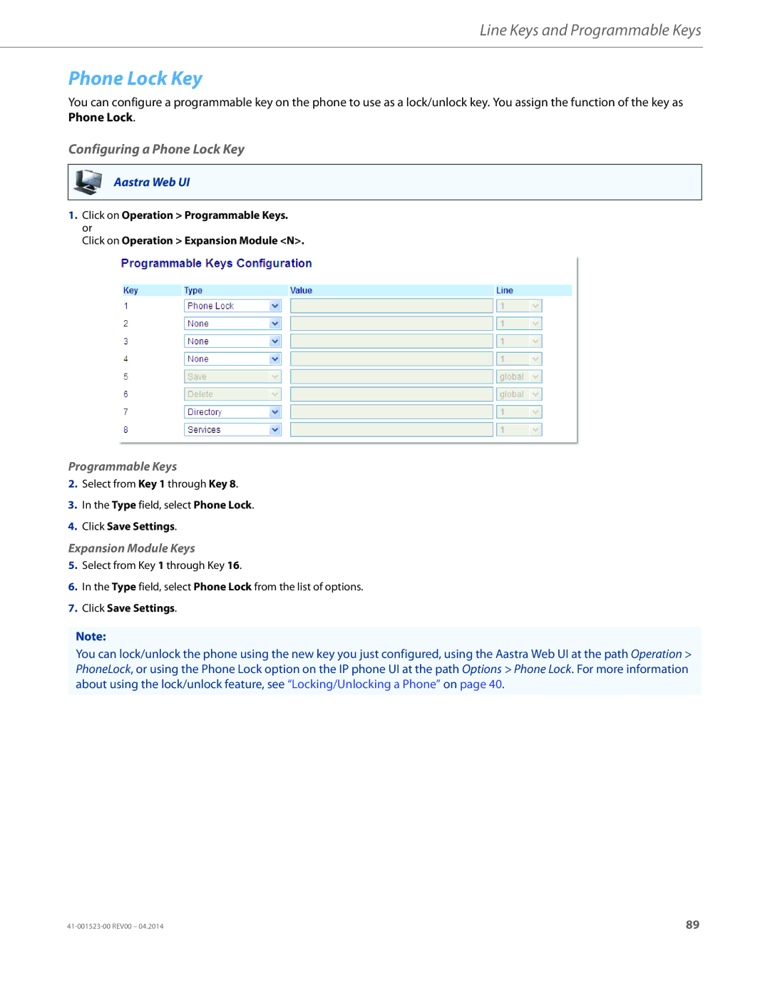 Aastra Telecom 6865i manual Configuring a Phone Lock Key 