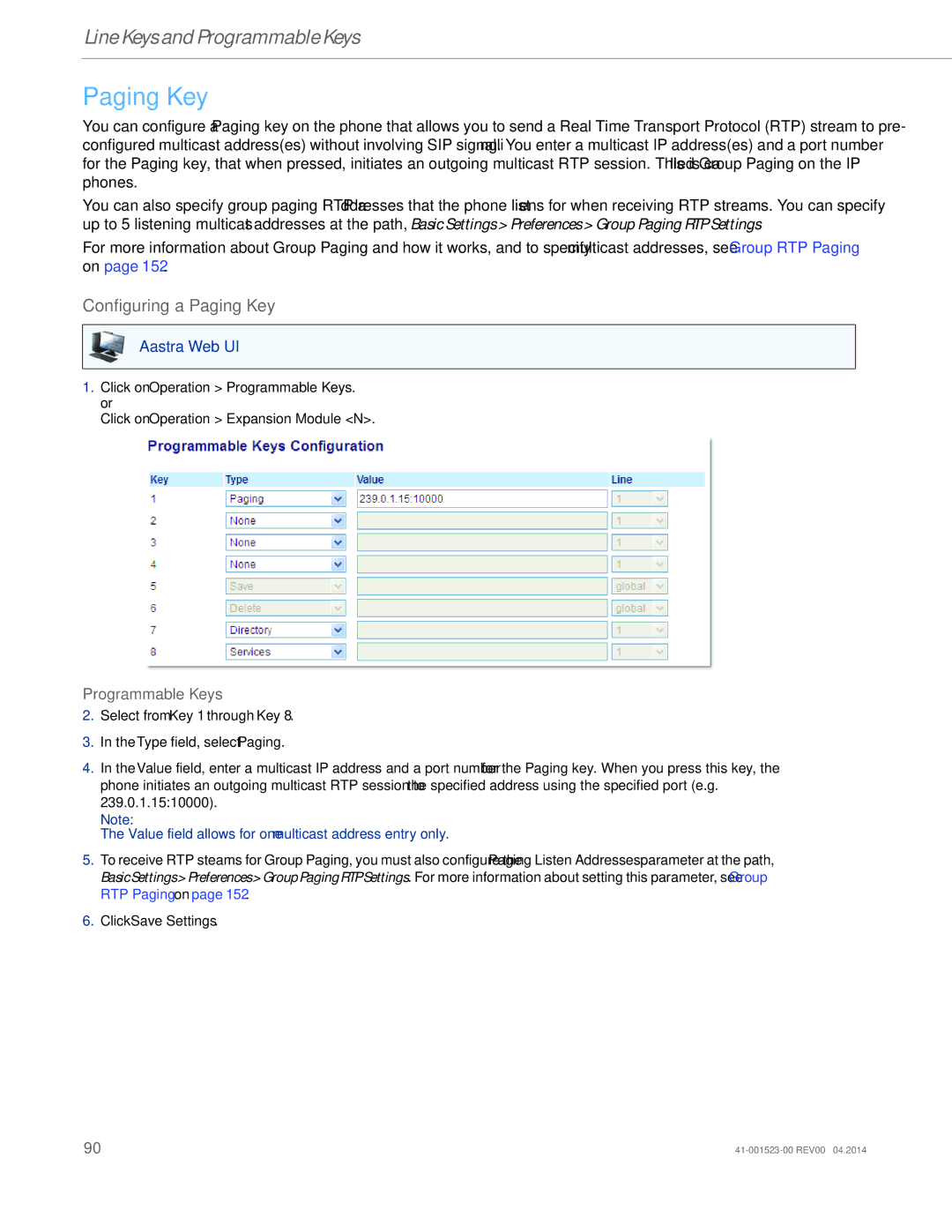 Aastra Telecom 6865i manual Configuring a Paging Key 