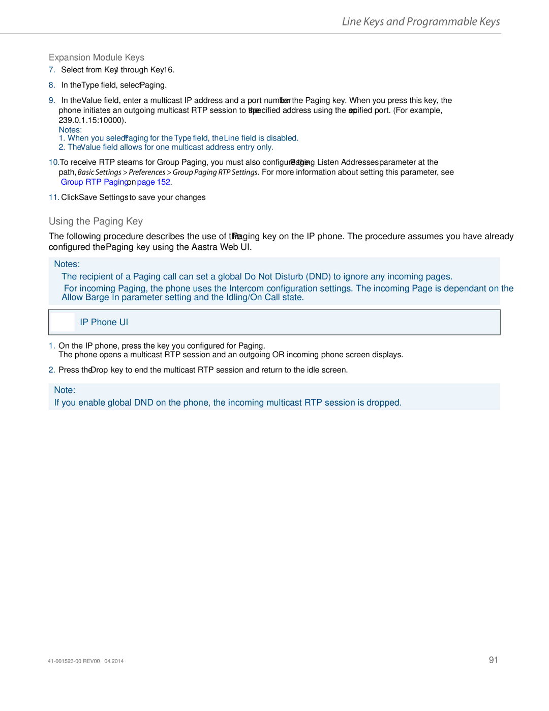 Aastra Telecom 6865i manual Using the Paging Key, Select from Key 1 through Key Type field, select Paging 