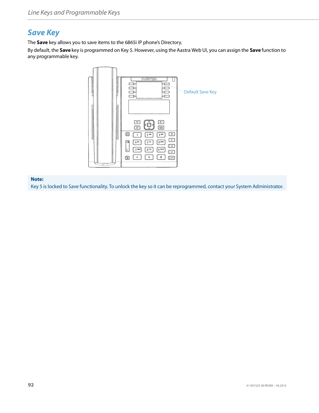 Aastra Telecom 6865i manual Save Key 