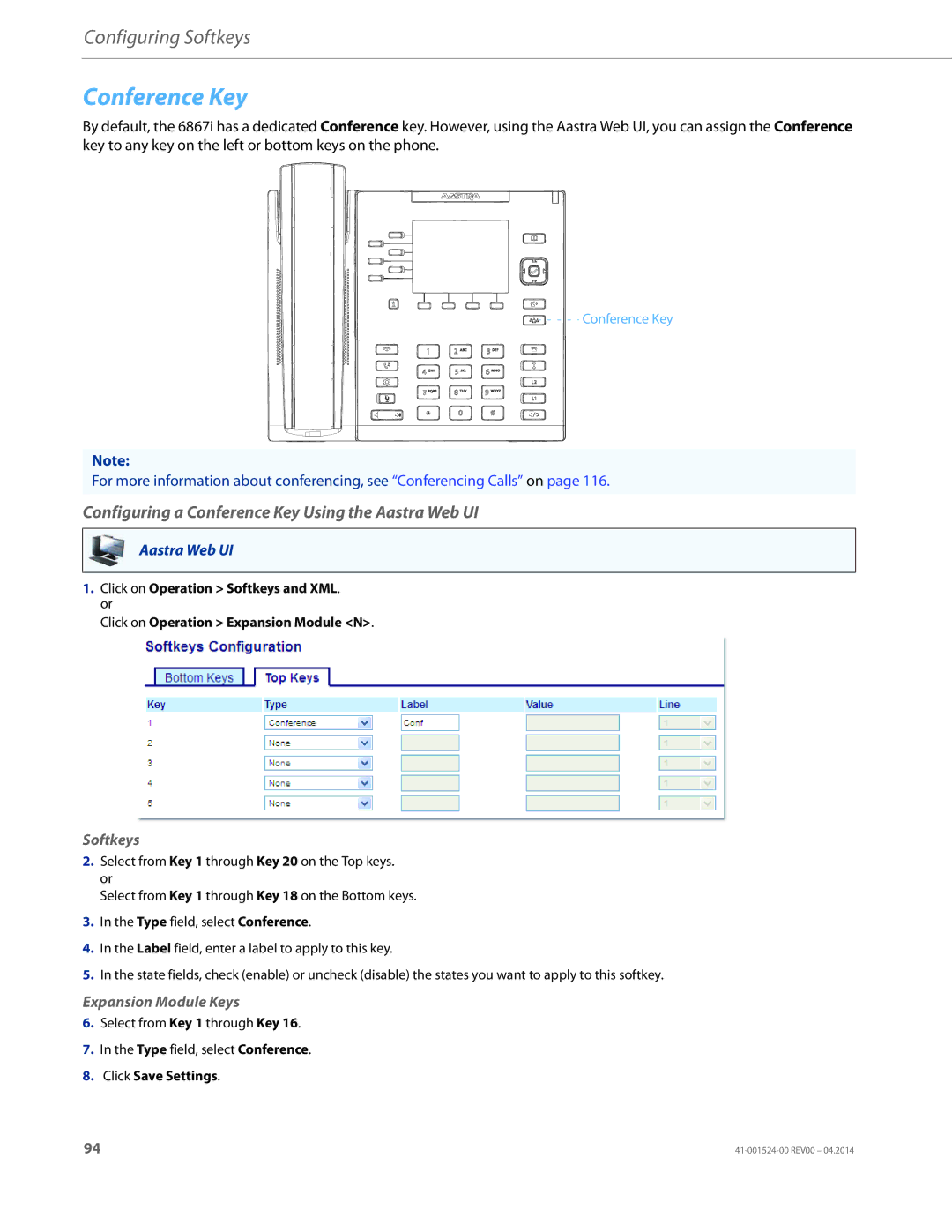 Aastra Telecom 6867i SIP manual Configuring a Conference Key Using the Aastra Web UI 