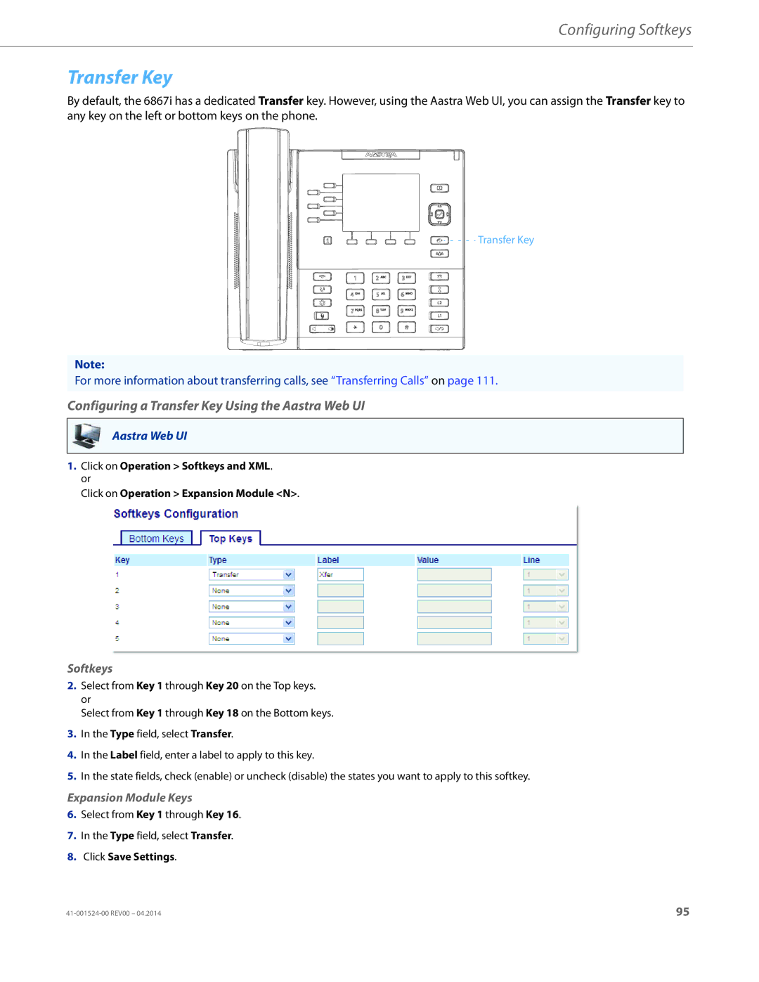 Aastra Telecom 6867i SIP manual Configuring a Transfer Key Using the Aastra Web UI 