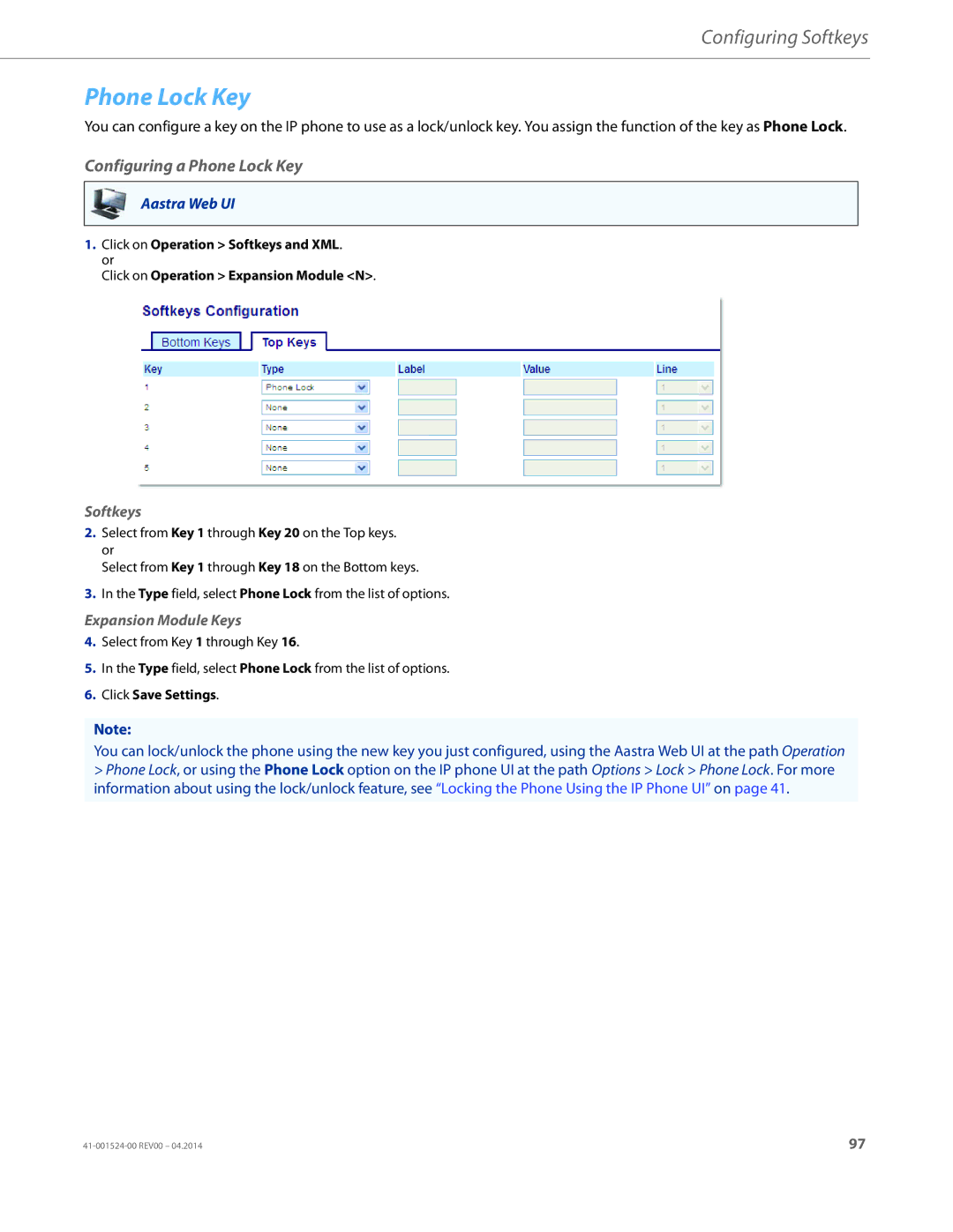 Aastra Telecom 6867i SIP manual Configuring a Phone Lock Key 