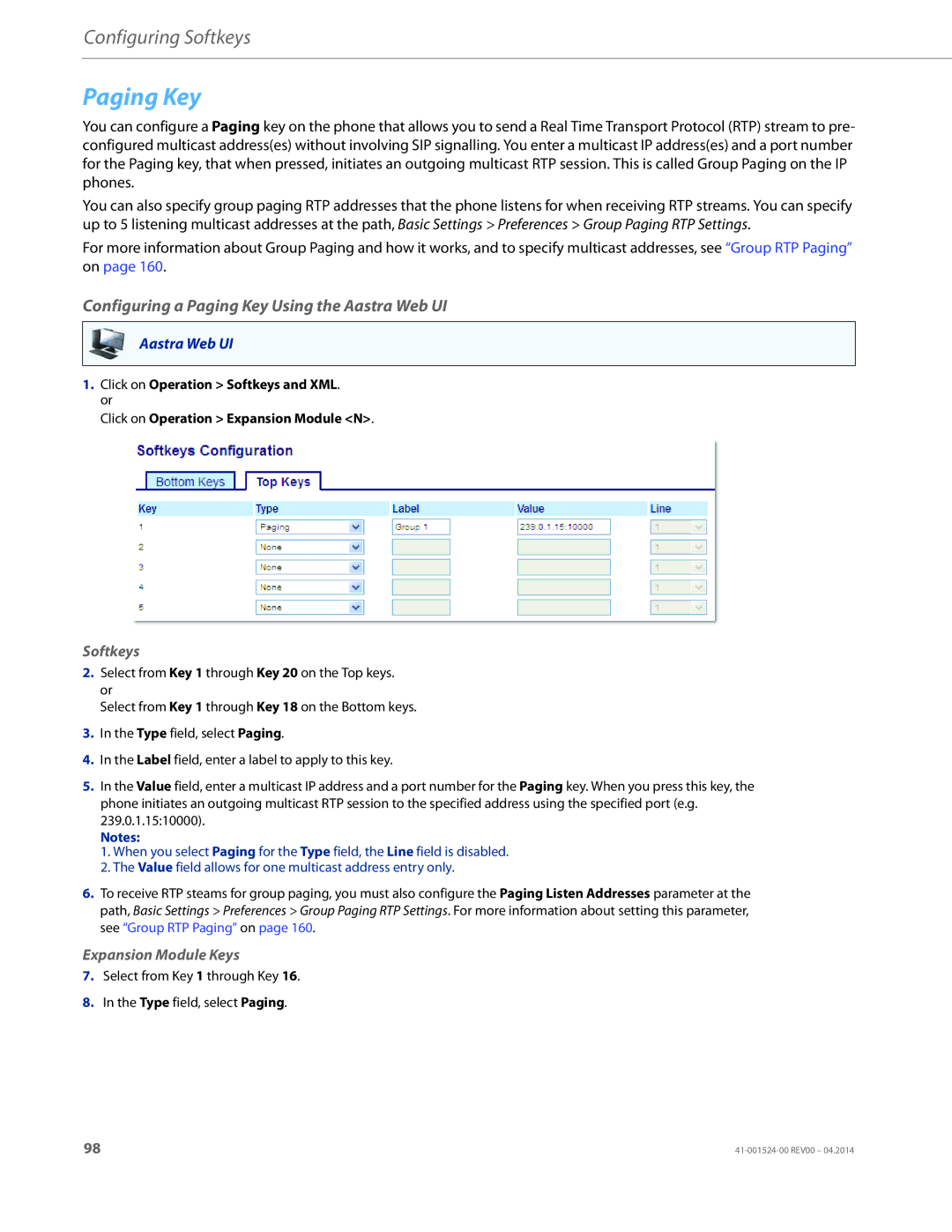 Aastra Telecom 6867i SIP manual Configuring a Paging Key Using the Aastra Web UI 