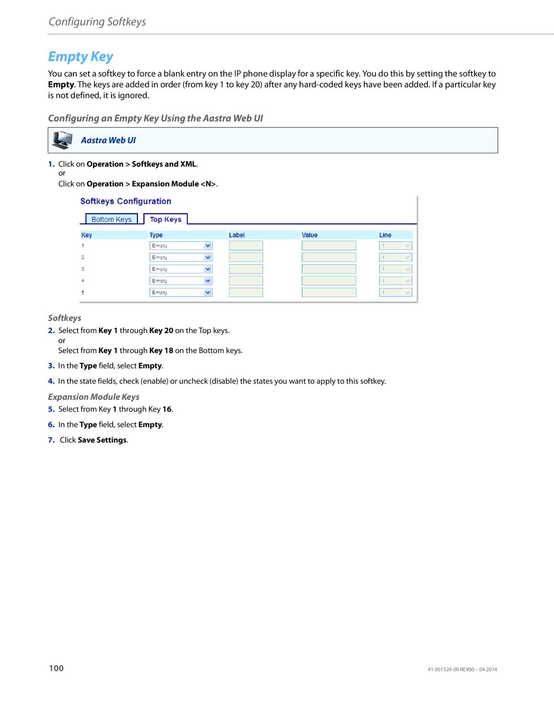 Aastra Telecom 6867i SIP manual Configuring an Empty Key Using the Aastra Web UI 