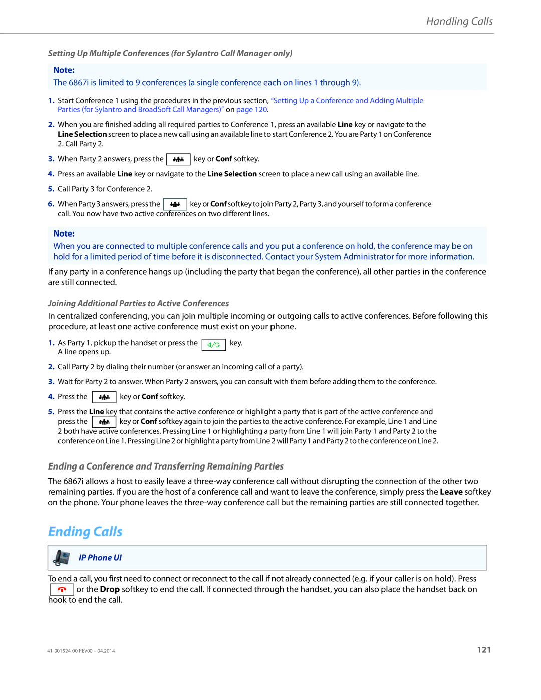 Aastra Telecom 6867i SIP manual Ending Calls, Ending a Conference and Transferring Remaining Parties 