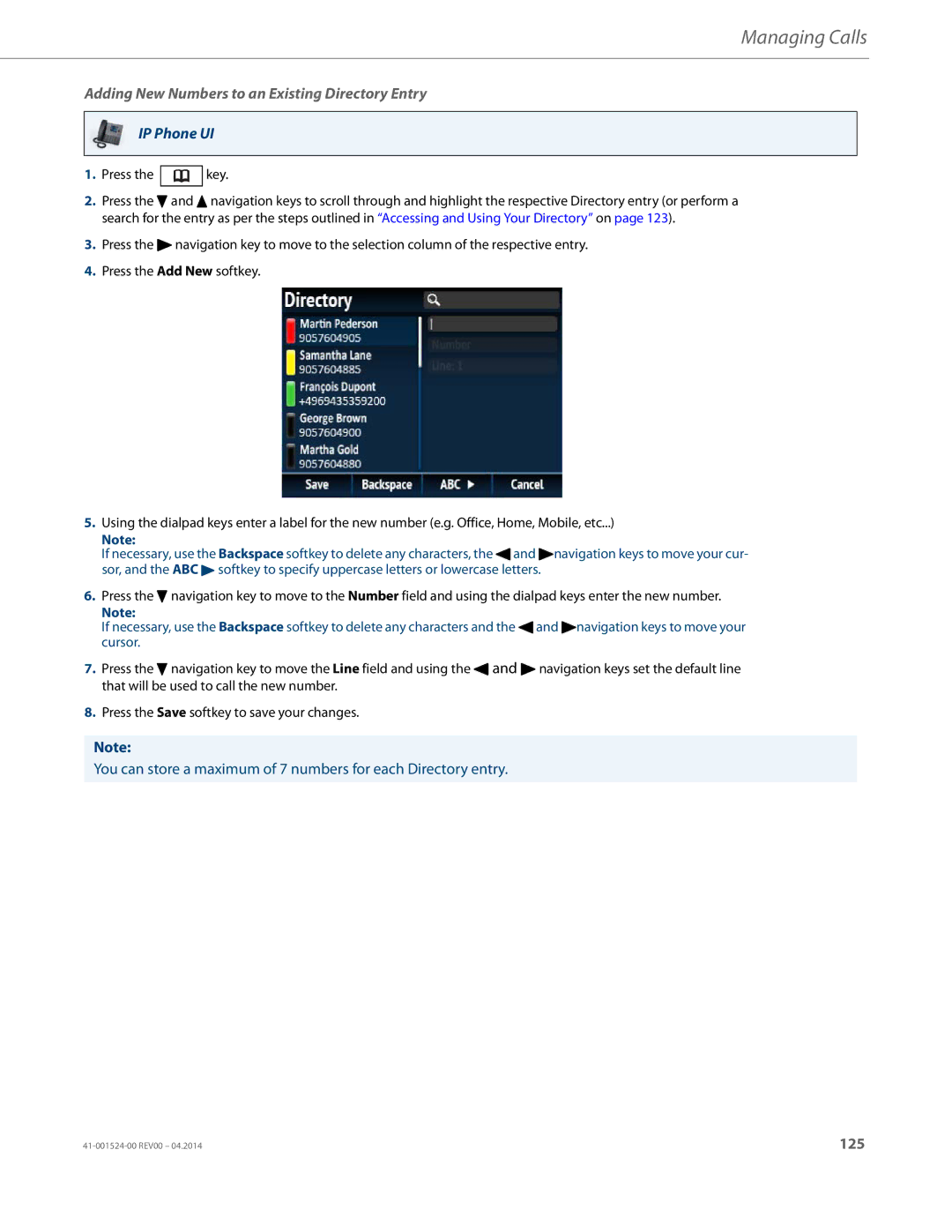 Aastra Telecom 6867i SIP manual Adding New Numbers to an Existing Directory Entry 