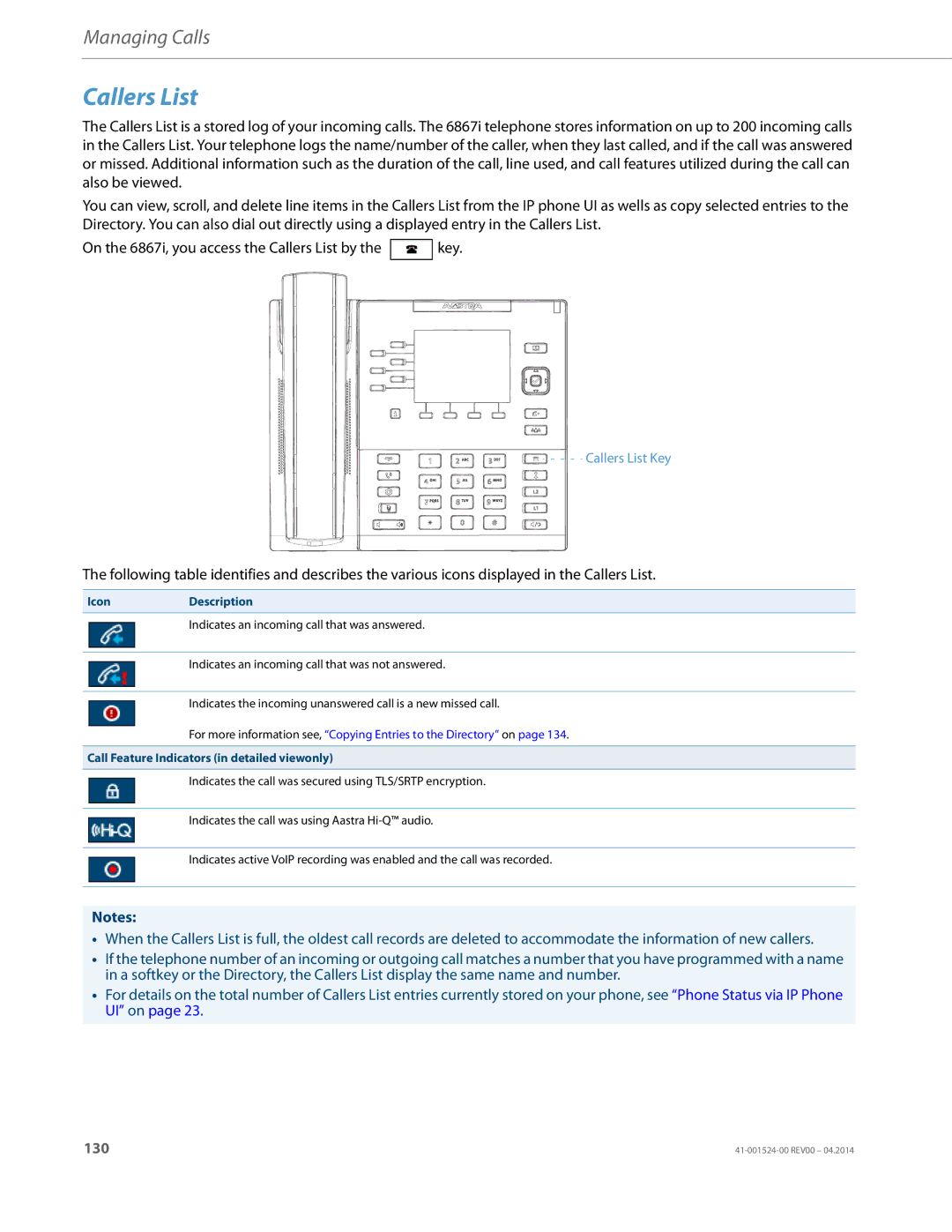 Aastra Telecom 6867i SIP manual Callers List, IconDescription 