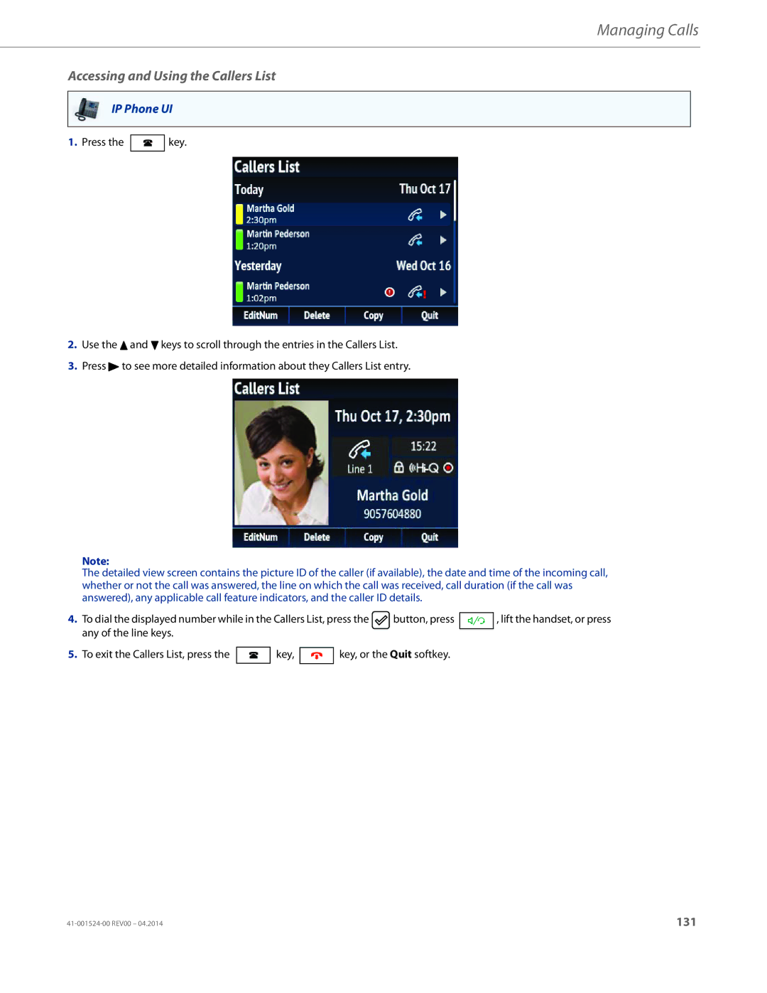 Aastra Telecom 6867i SIP manual Accessing and Using the Callers List 