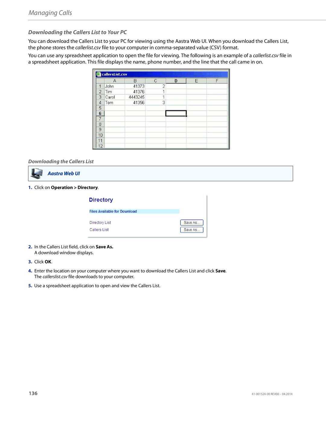 Aastra Telecom 6867i SIP manual Downloading the Callers List to Your PC 