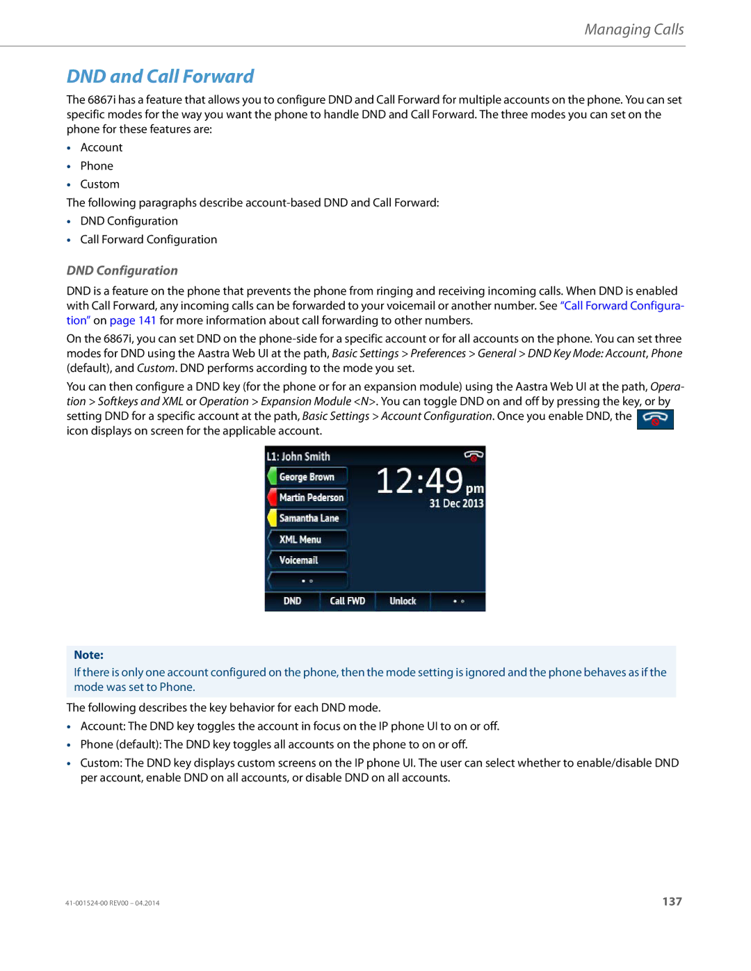 Aastra Telecom 6867i SIP manual DND and Call Forward, DND Configuration 