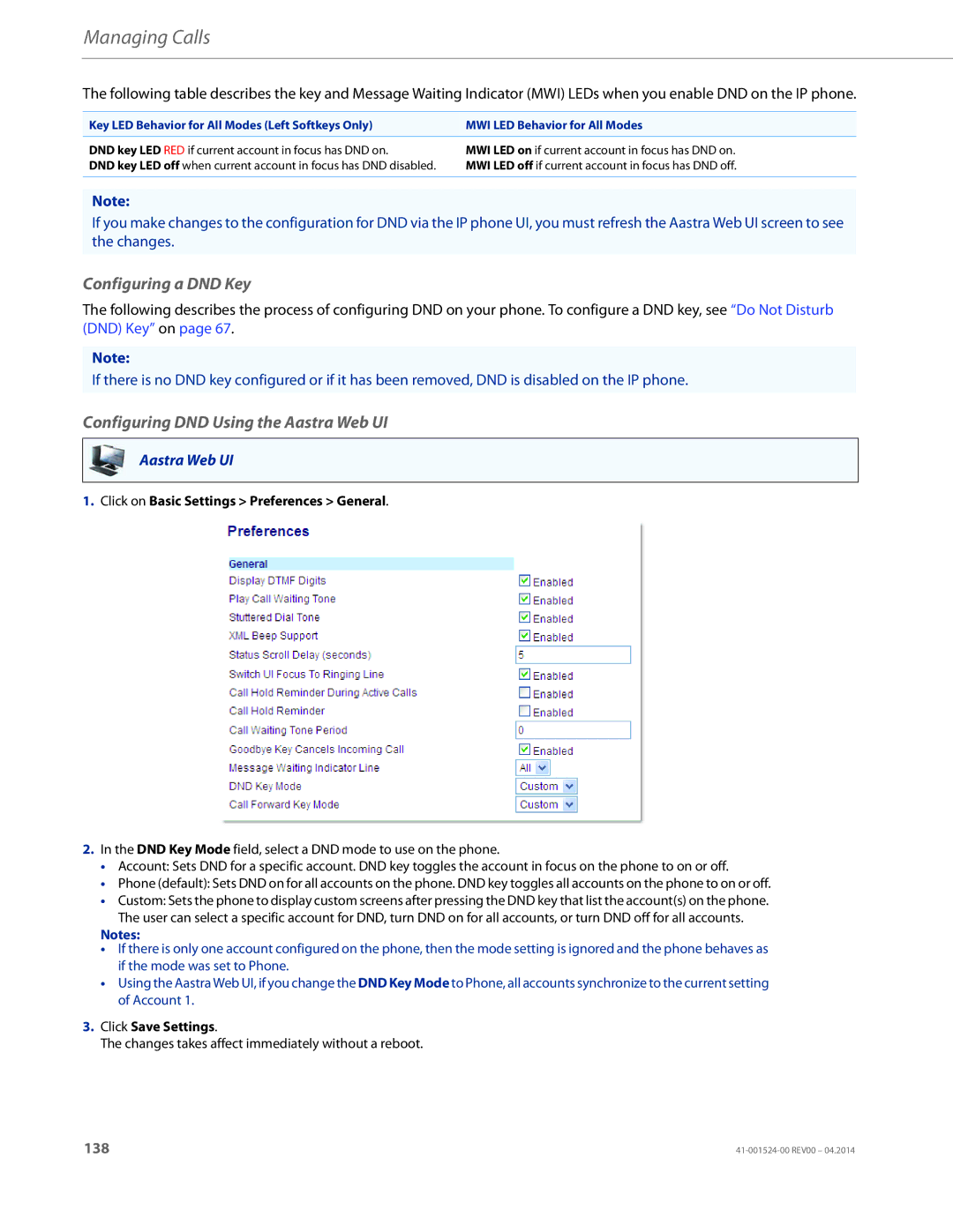 Aastra Telecom 6867i SIP manual Configuring a DND Key, Configuring DND Using the Aastra Web UI 