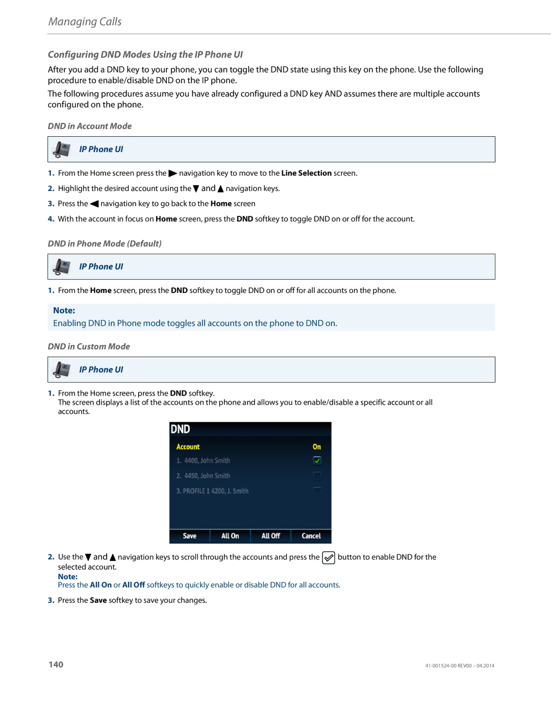 Aastra Telecom 6867i SIP manual Configuring DND Modes Using the IP Phone UI, DND in Account Mode, DND in Phone Mode Default 