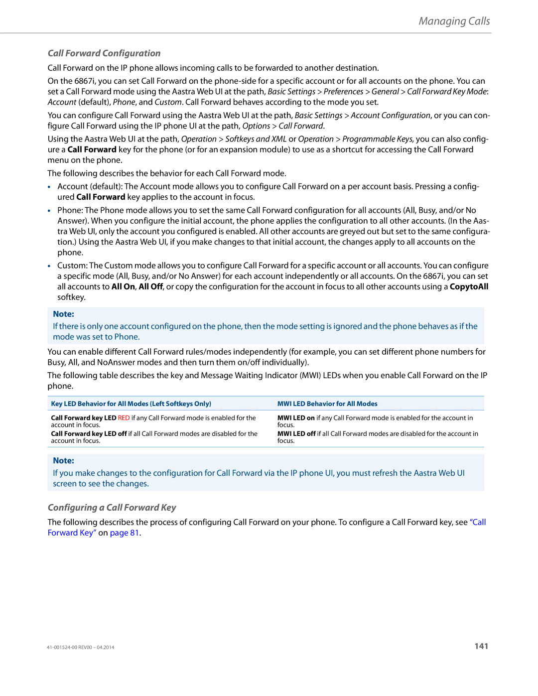 Aastra Telecom 6867i SIP manual Call Forward Configuration, Configuring a Call Forward Key 