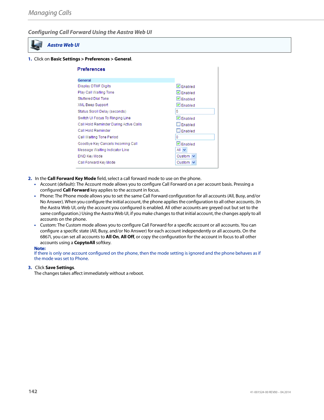 Aastra Telecom 6867i SIP manual Configuring Call Forward Using the Aastra Web UI 